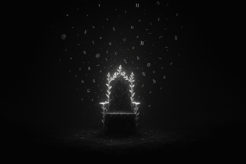 Trono vazio surrealista representando o poder da escrita com IA como nova forma de autoridade invisível.