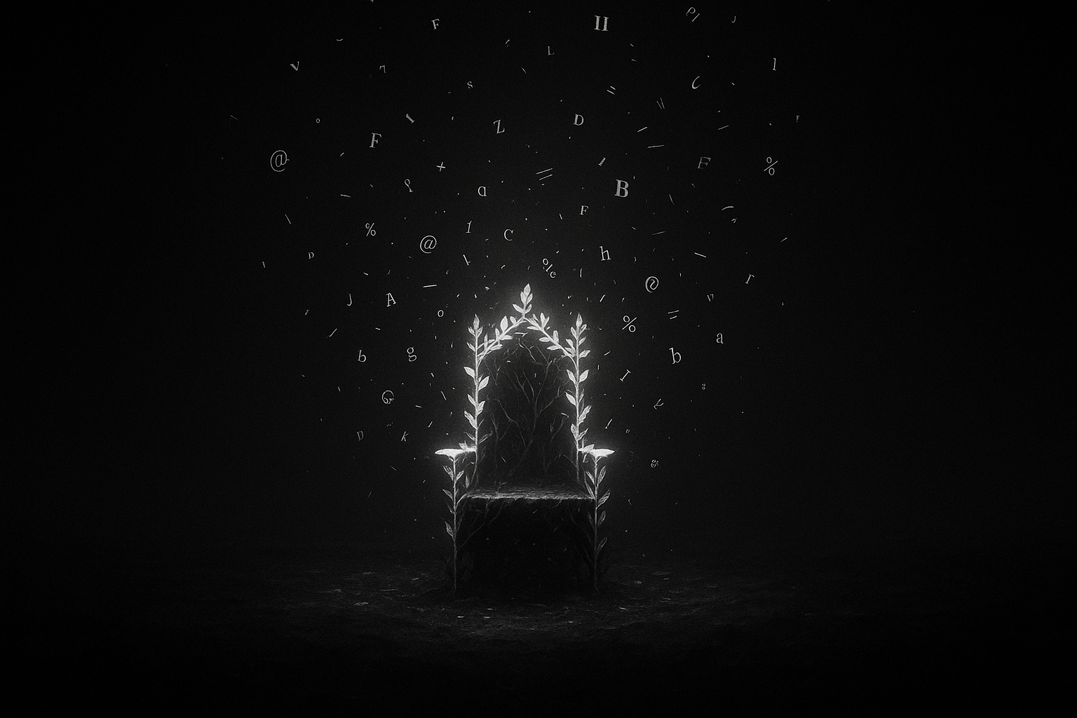 Trono vazio surrealista representando o poder da escrita com IA como nova forma de autoridade invisível.